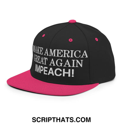 Black and pink snapback cap with white embroidered make america great again impeach text and flat bill brim