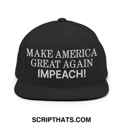 Black snapback cap with white embroidered make america great again impeach text flat bill brim design