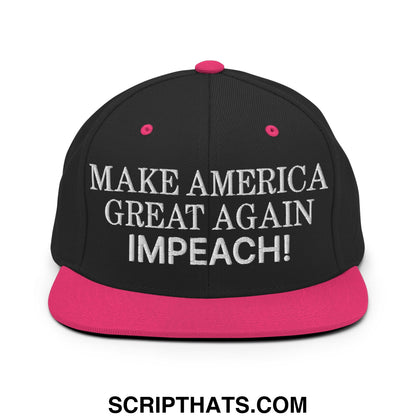 Black snapback cap with vibrant pink flat brim and white embroidered make america great again impeach text