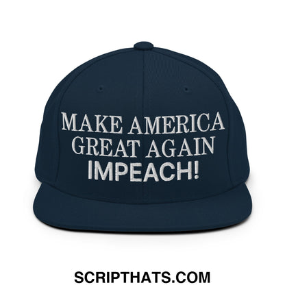 Navy blue snapback hat with white embroidered make america great again impeach text and flat bill brim