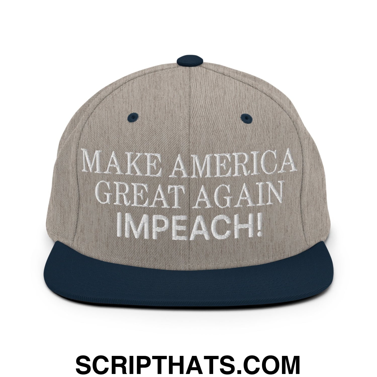 Make America Great Again MAGA Impeach! Embroidered Flat Bill Brim Snapback Hat Heather Grey Navy