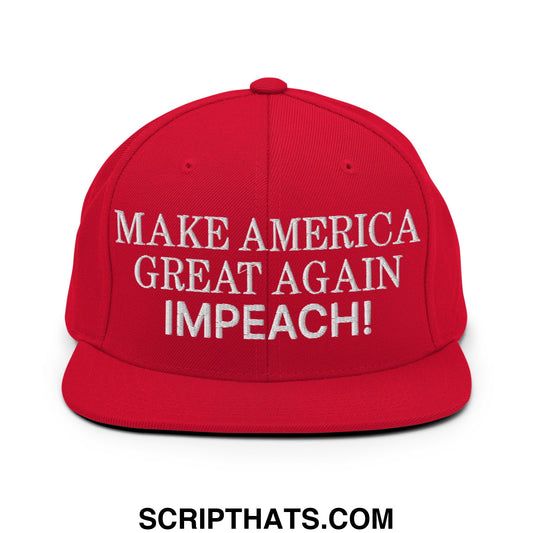 Red snapback cap with white embroidered make america great again impeach text and flat bill brim design
