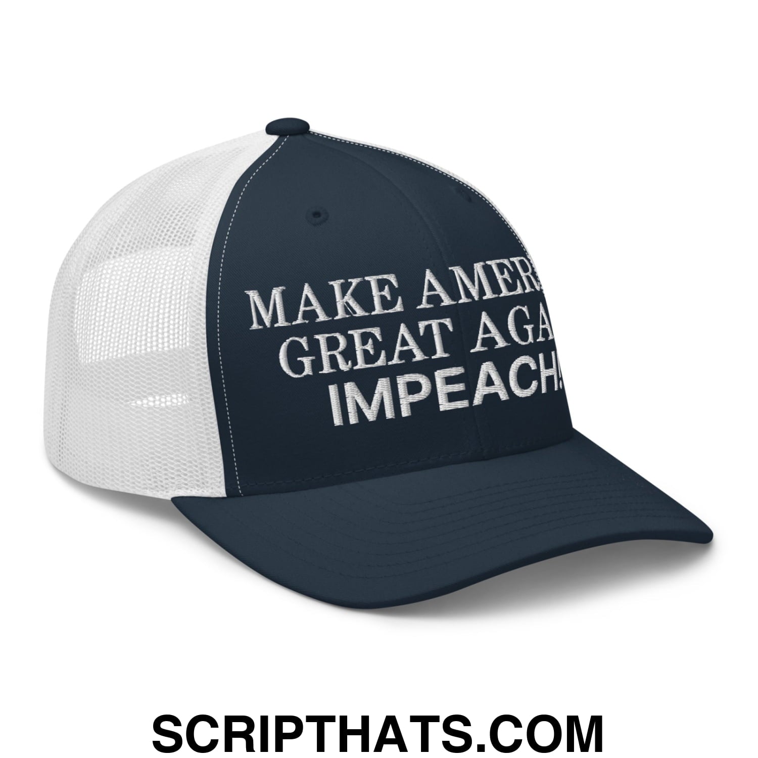 Make America Great Again MAGA Impeach! Embroidered Mesh Trucker Hat Navy White