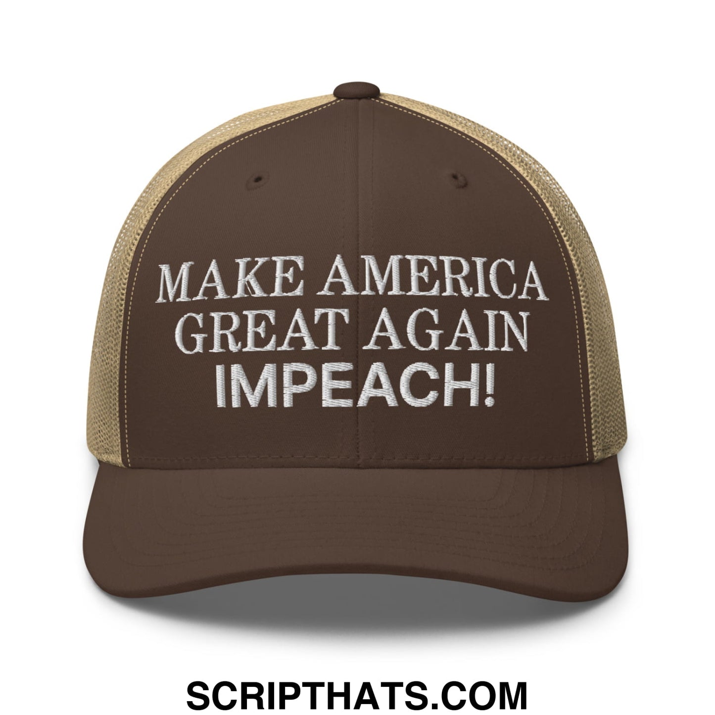 Make America Great Again MAGA Impeach! Embroidered Mesh Trucker Hat Brown Khaki