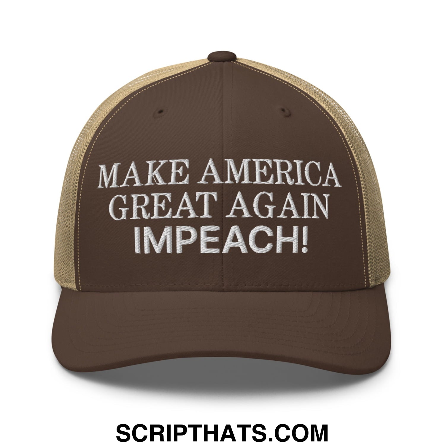 Make America Great Again MAGA Impeach! Embroidered Mesh Trucker Hat Brown Khaki