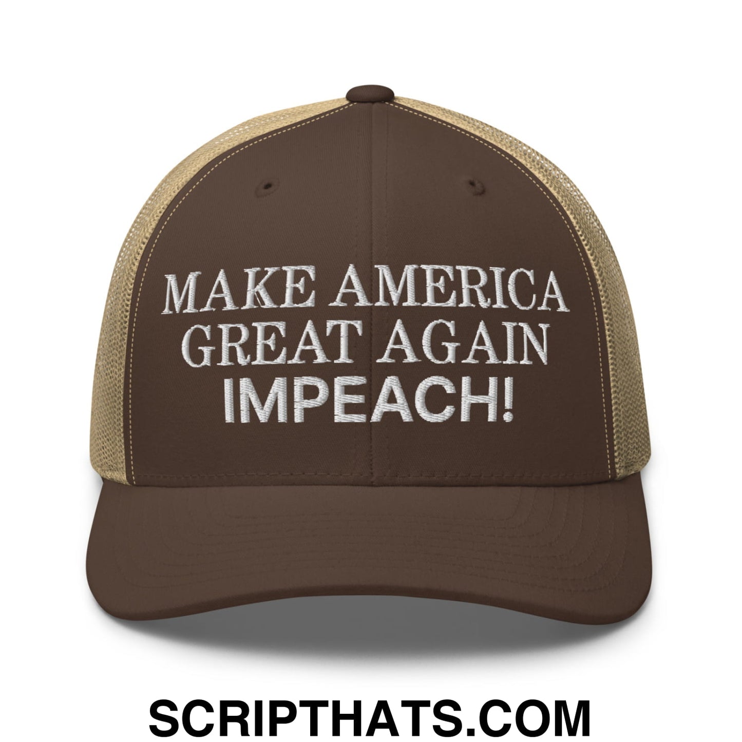 Make America Great Again MAGA Impeach! Embroidered Mesh Trucker Hat Brown Khaki