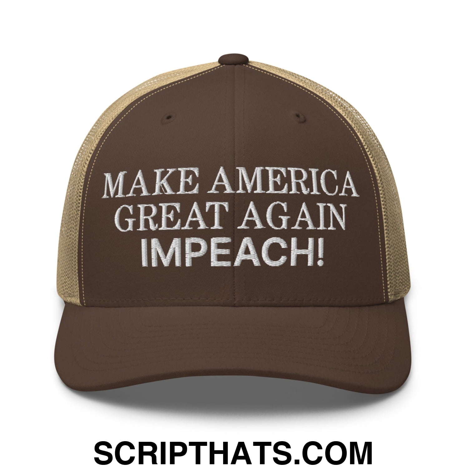 Make America Great Again MAGA Impeach! Embroidered Mesh Trucker Hat Brown Khaki
