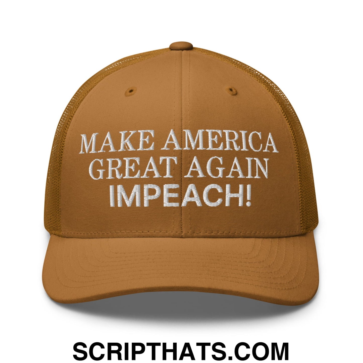 Make America Great Again MAGA Impeach! Embroidered Mesh Trucker Hat Caramel