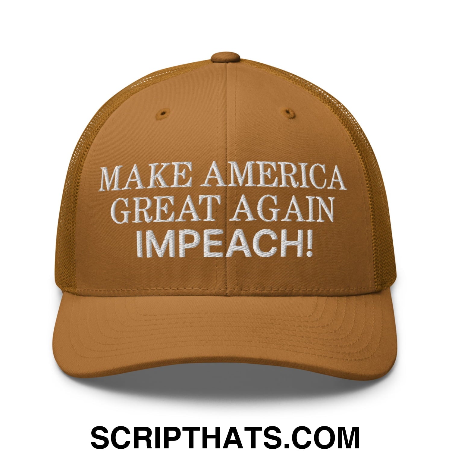 Make America Great Again MAGA Impeach! Embroidered Mesh Trucker Hat Caramel