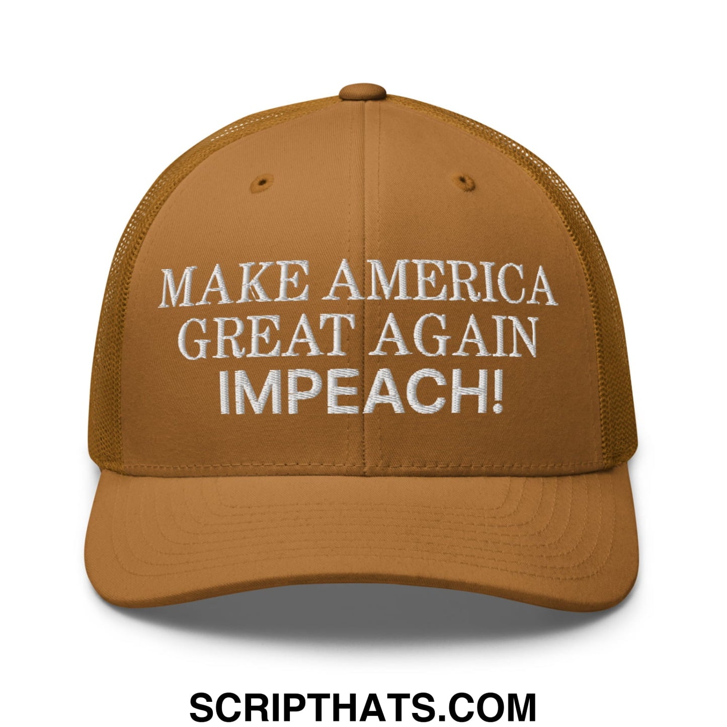 Make America Great Again MAGA Impeach! Embroidered Mesh Trucker Hat Caramel