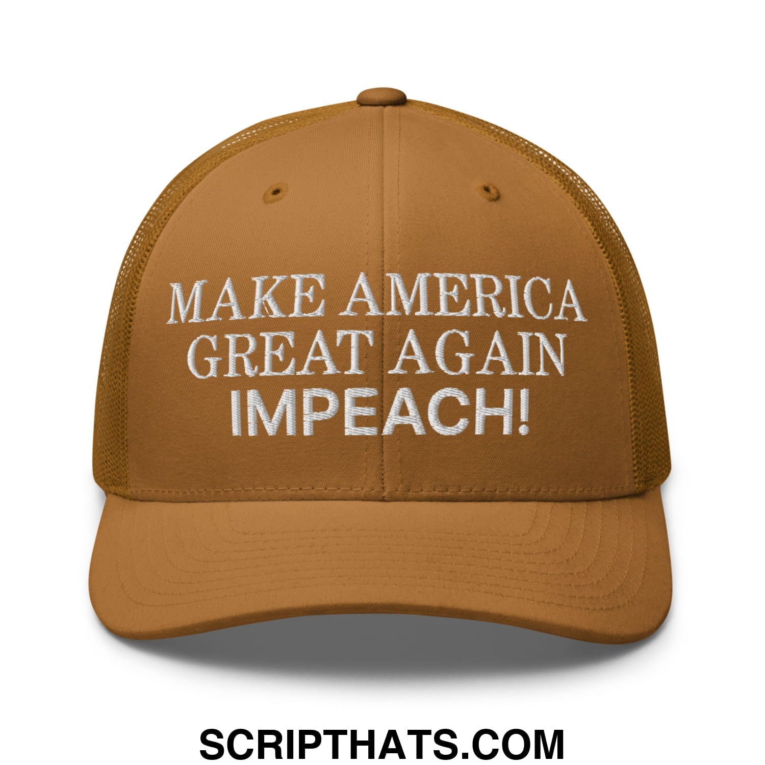 Make America Great Again MAGA Impeach! Embroidered Mesh Trucker Hat Caramel