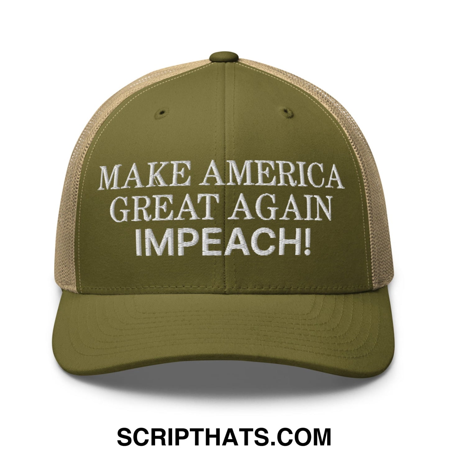 Make America Great Again MAGA Impeach! Embroidered Mesh Trucker Hat Moss Khaki