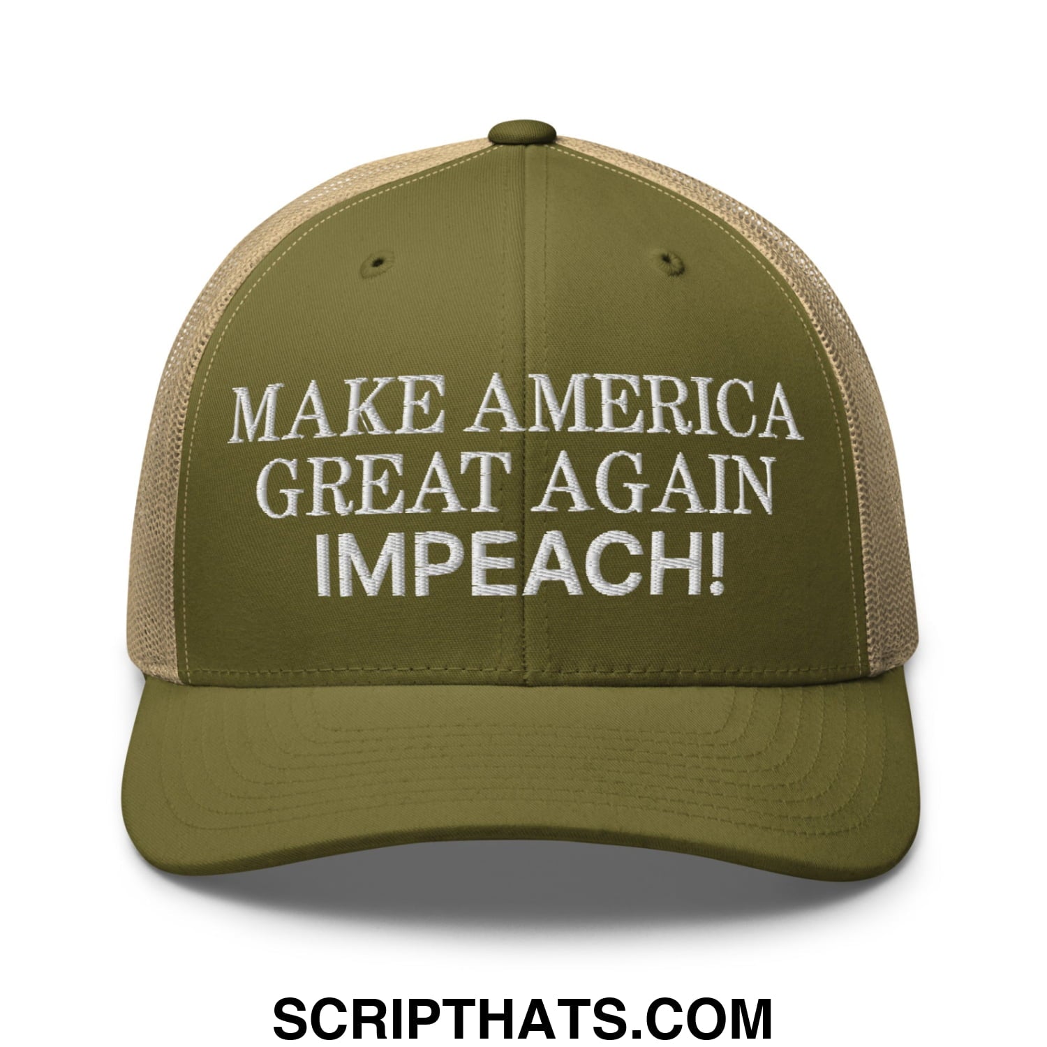 Make America Great Again MAGA Impeach! Embroidered Mesh Trucker Hat Moss Khaki