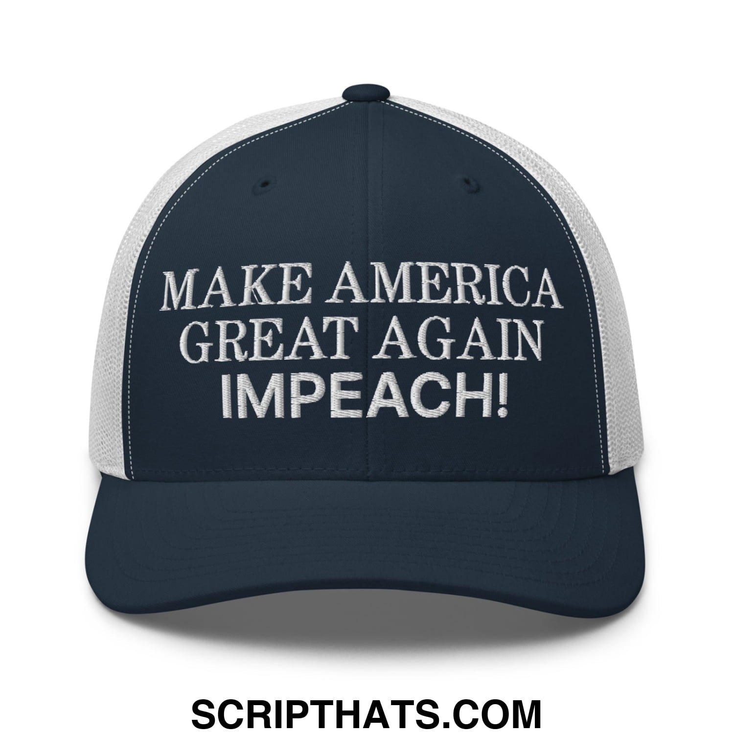 Make America Great Again MAGA Impeach! Embroidered Mesh Trucker Hat Navy White