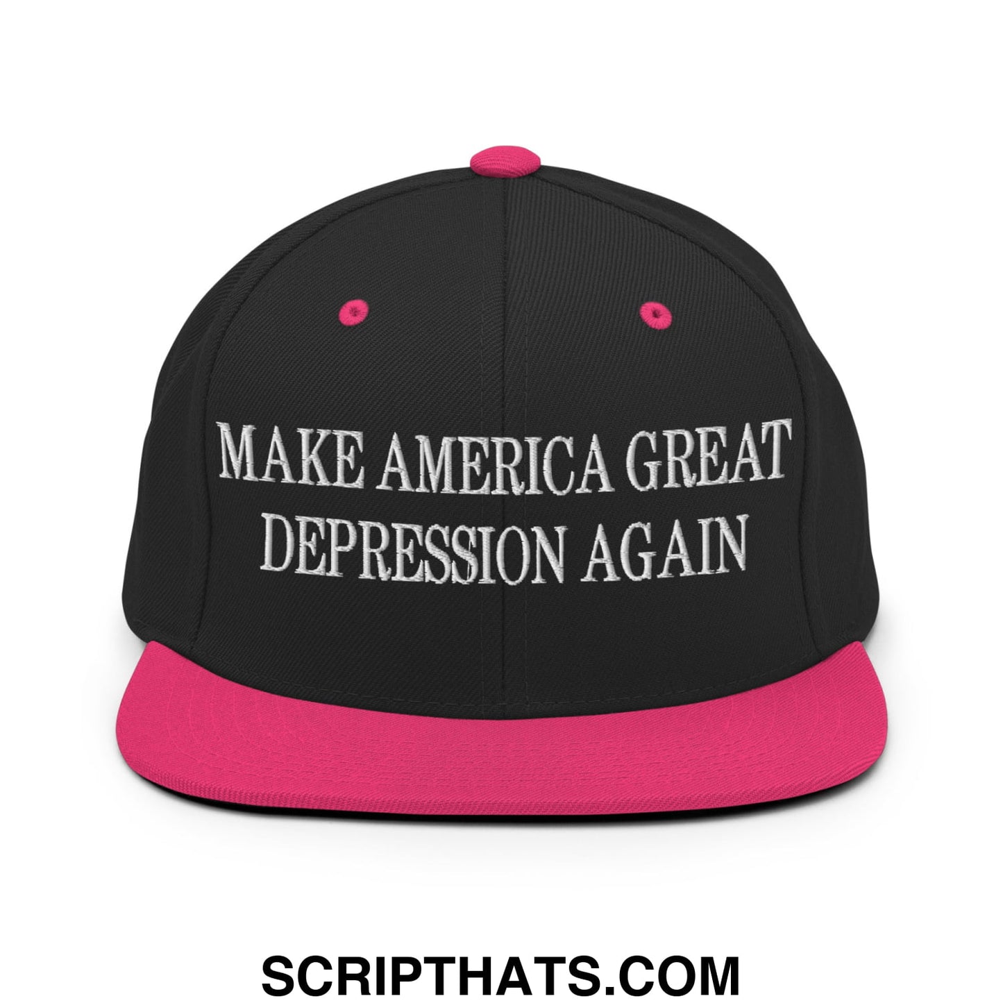 Make America Great Depression Again Embroidered Flat Bill Brim Snapback Hat Black Neon Pink