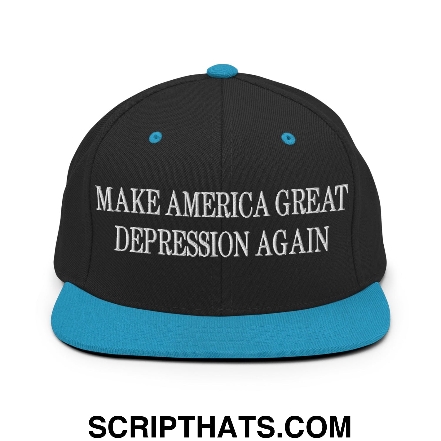 Make America Great Depression Again Embroidered Flat Bill Brim Snapback Hat Black Teal