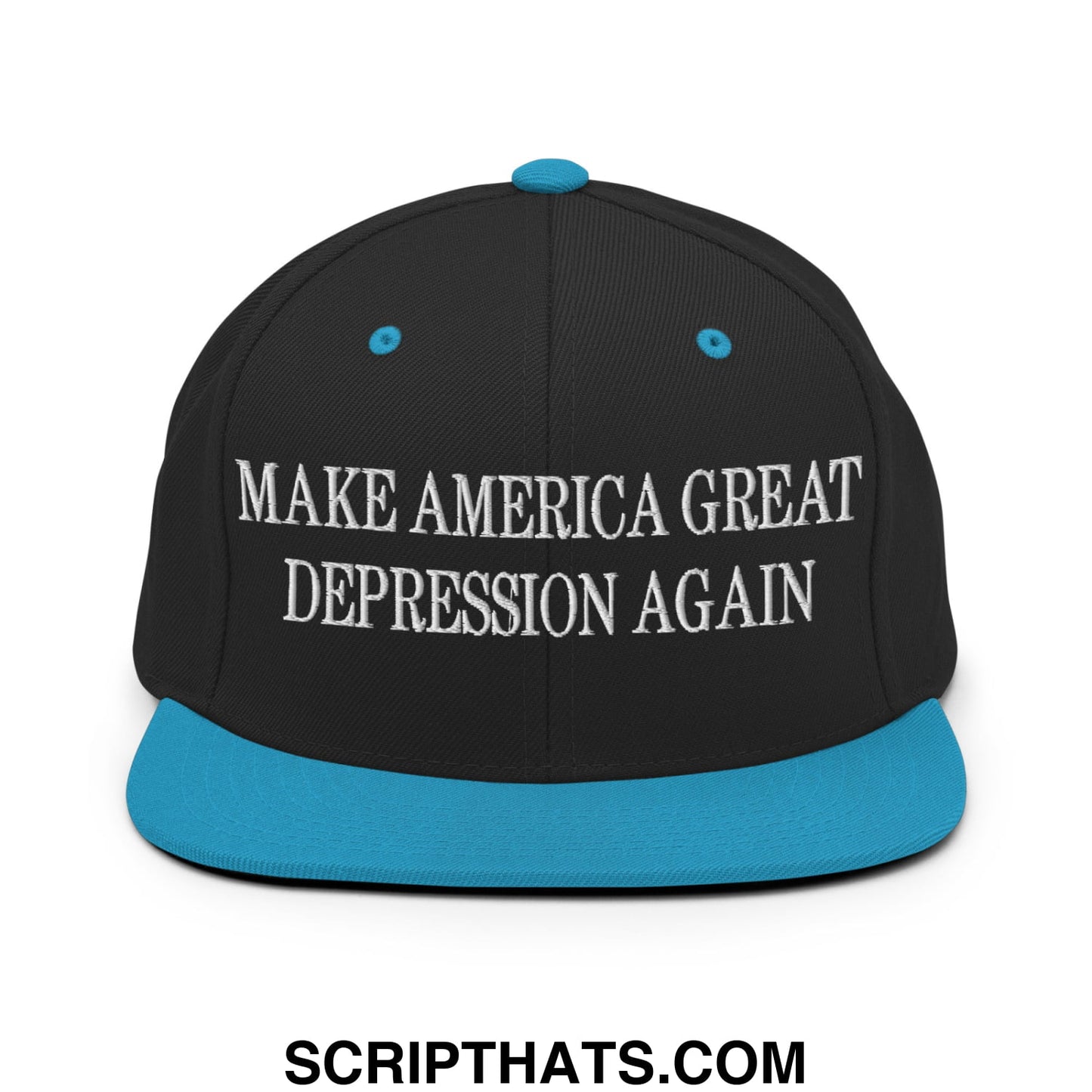 Make America Great Depression Again Embroidered Flat Bill Brim Snapback Hat Black Teal