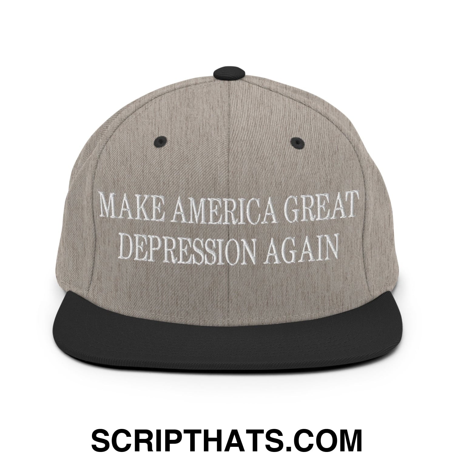 Make America Great Depression Again Embroidered Flat Bill Brim Snapback Hat Heather Black
