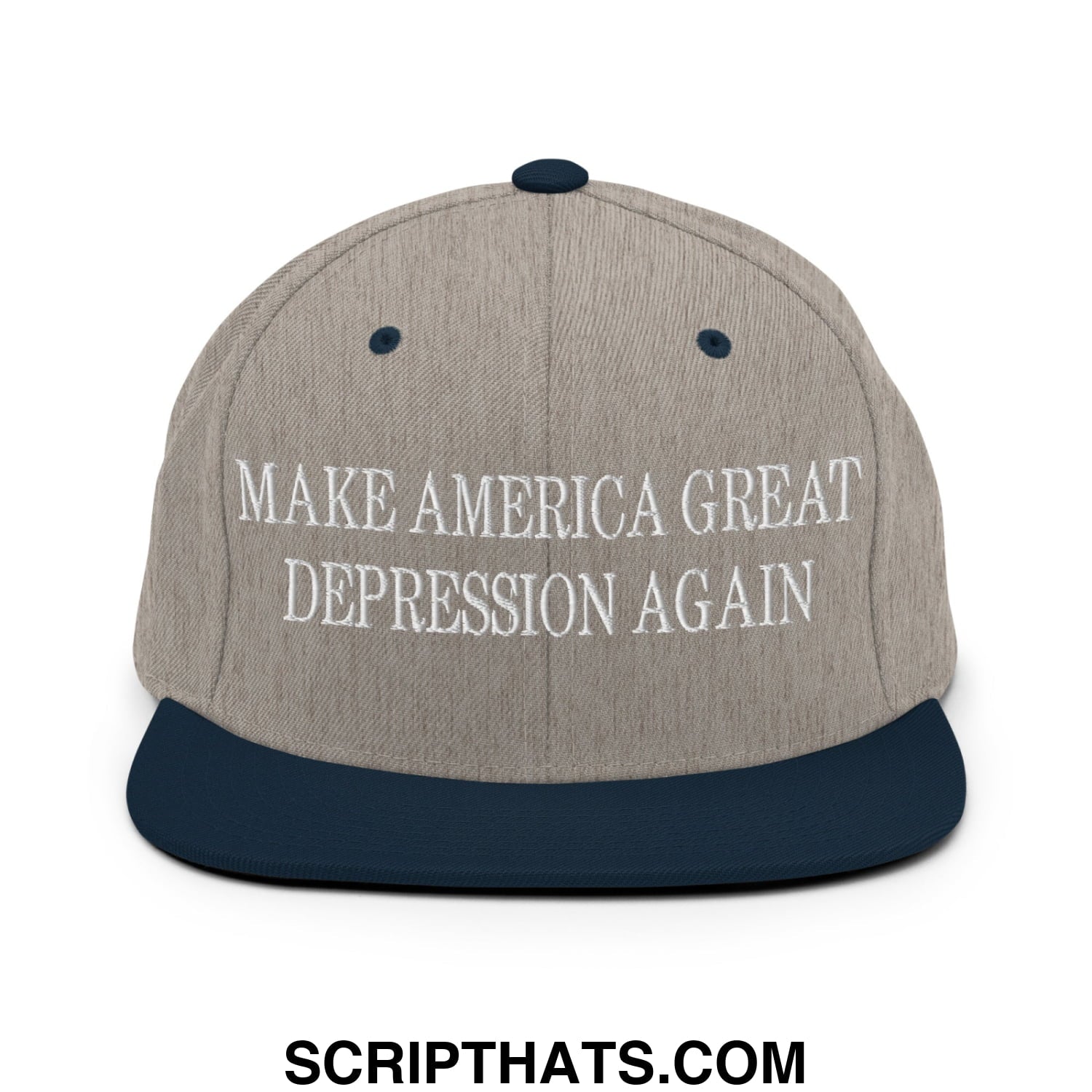 Make America Great Depression Again Embroidered Flat Bill Brim Snapback Hat Heather Grey Navy