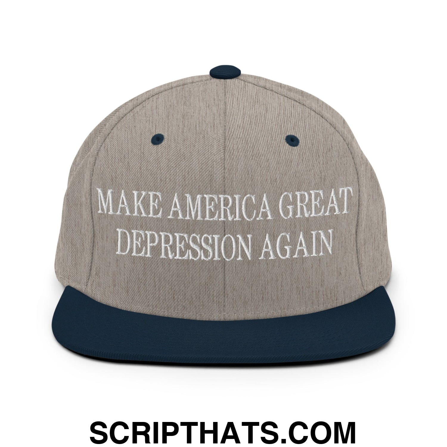 Make America Great Depression Again Embroidered Flat Bill Brim Snapback Hat Heather Grey Navy