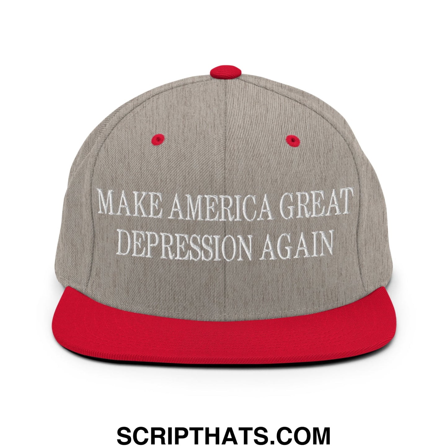 Make America Great Depression Again Embroidered Flat Bill Brim Snapback Hat Heather Grey Red