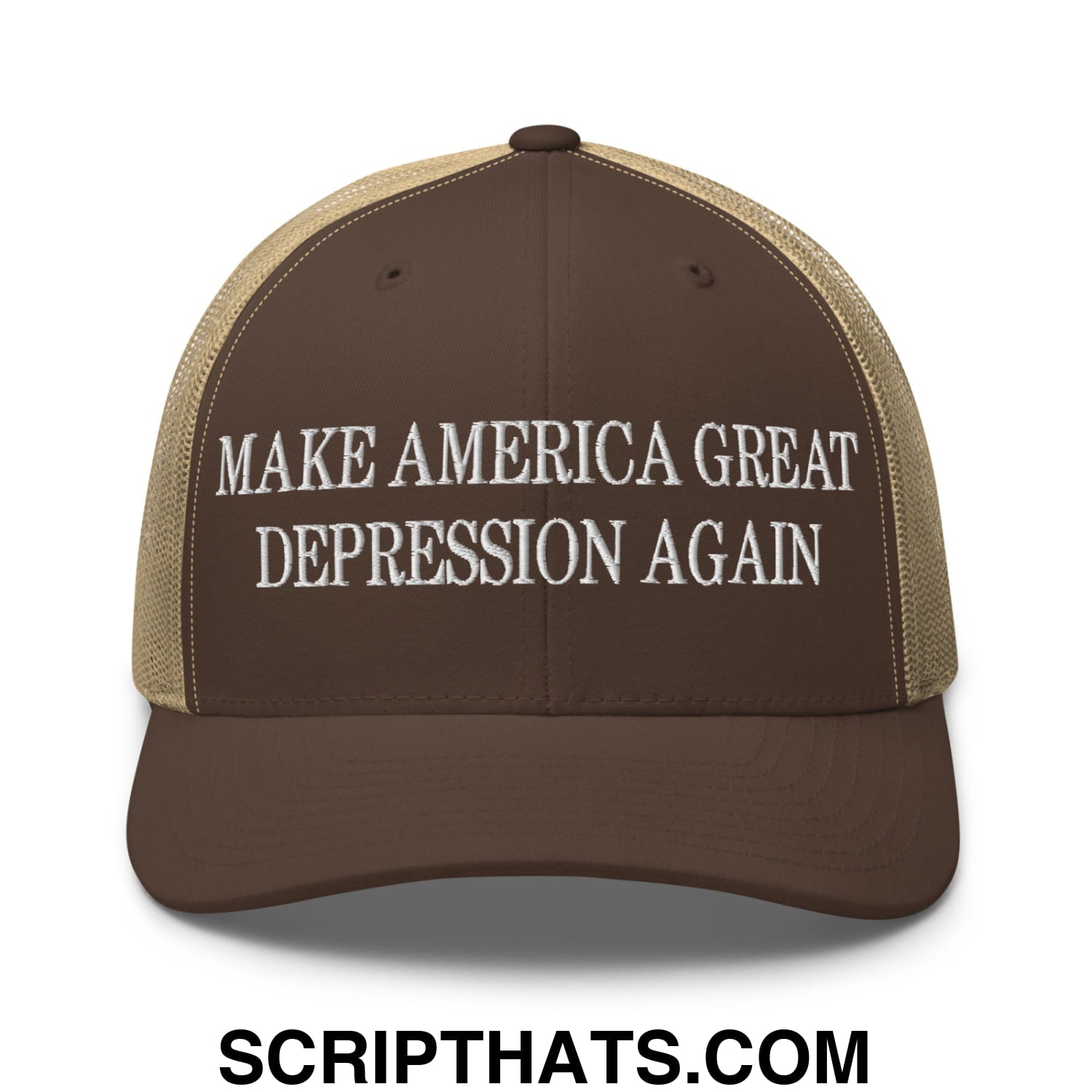 Make America Great Depression Again Embroidered Mesh Trucker Hat Brown Khaki
