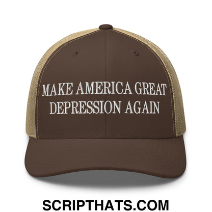 Make America Great Depression Again Embroidered Mesh Trucker Hat Brown Khaki