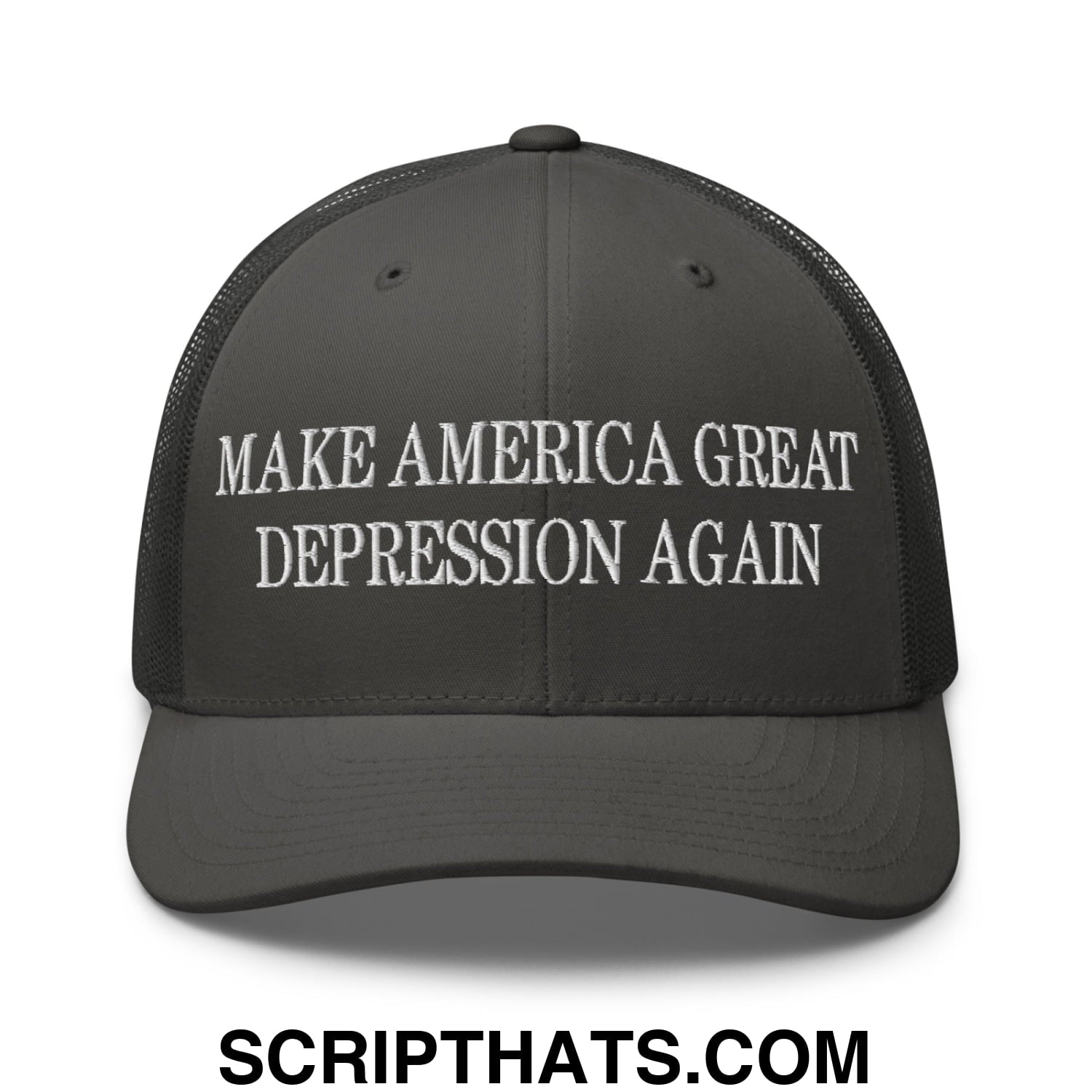 Make America Great Depression Again Embroidered Mesh Trucker Hat Charcoal