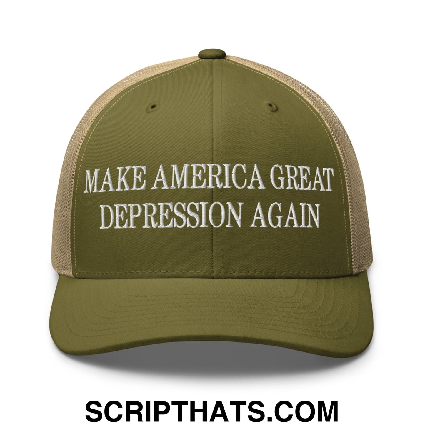 Make America Great Depression Again Embroidered Mesh Trucker Hat Moss Khaki