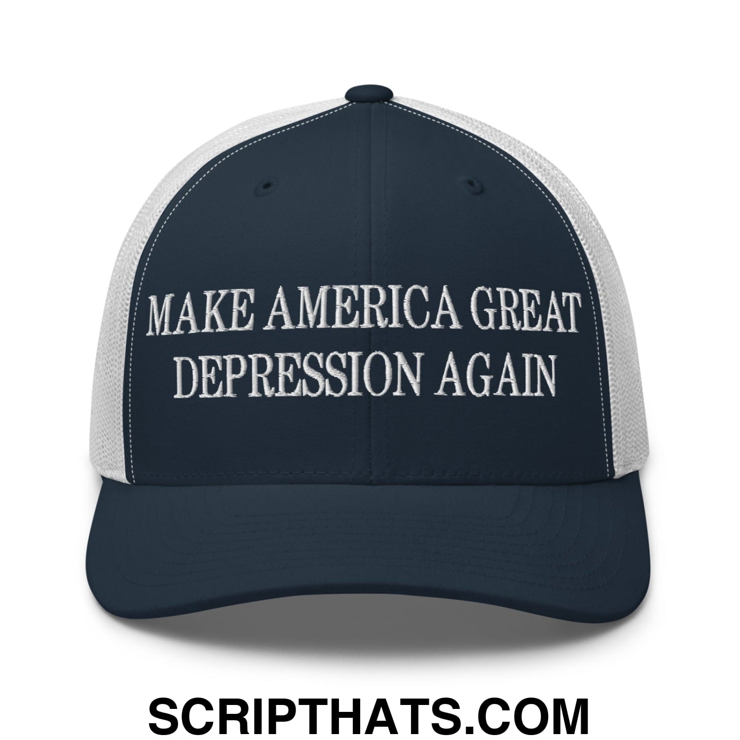 Make America Great Depression Again Embroidered Mesh Trucker Hat Navy White