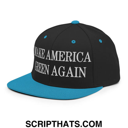 Make America Green Again embroidered flat bill snapback hat in black with teal brim and white text