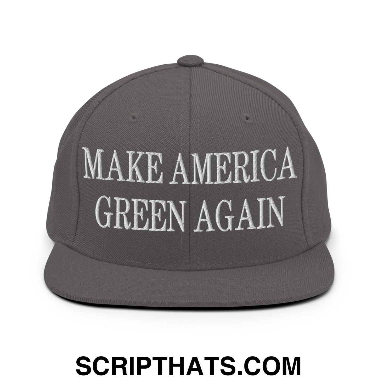 Gray snapback hat with white embroidered make america green again text and flat bill brim design