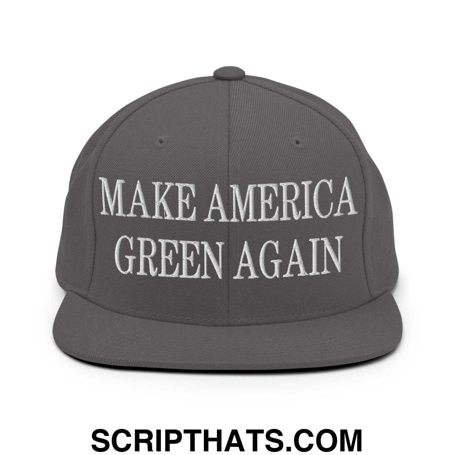 Gray snapback hat with white embroidered make america green again text and flat bill brim design
