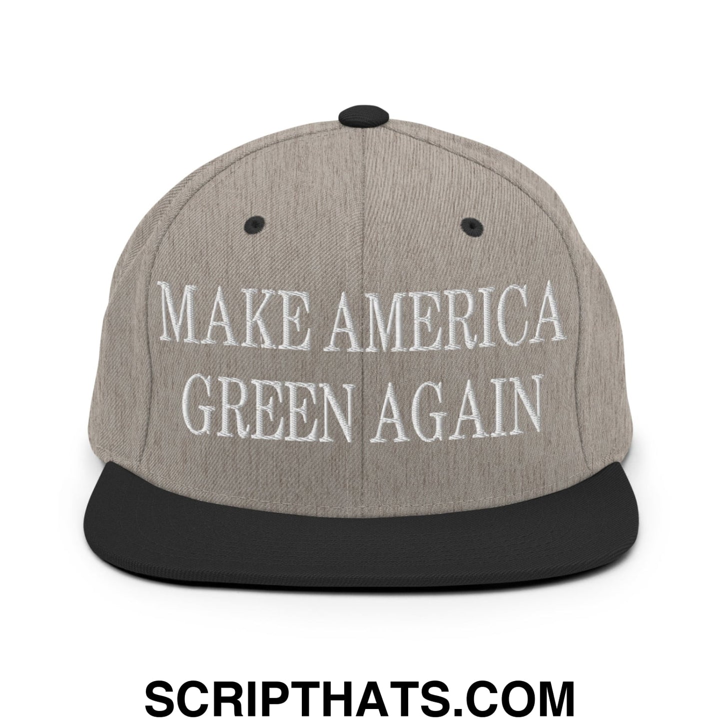 Gray snapback hat with black brim and embroidered white text make america green again flat bill brim design