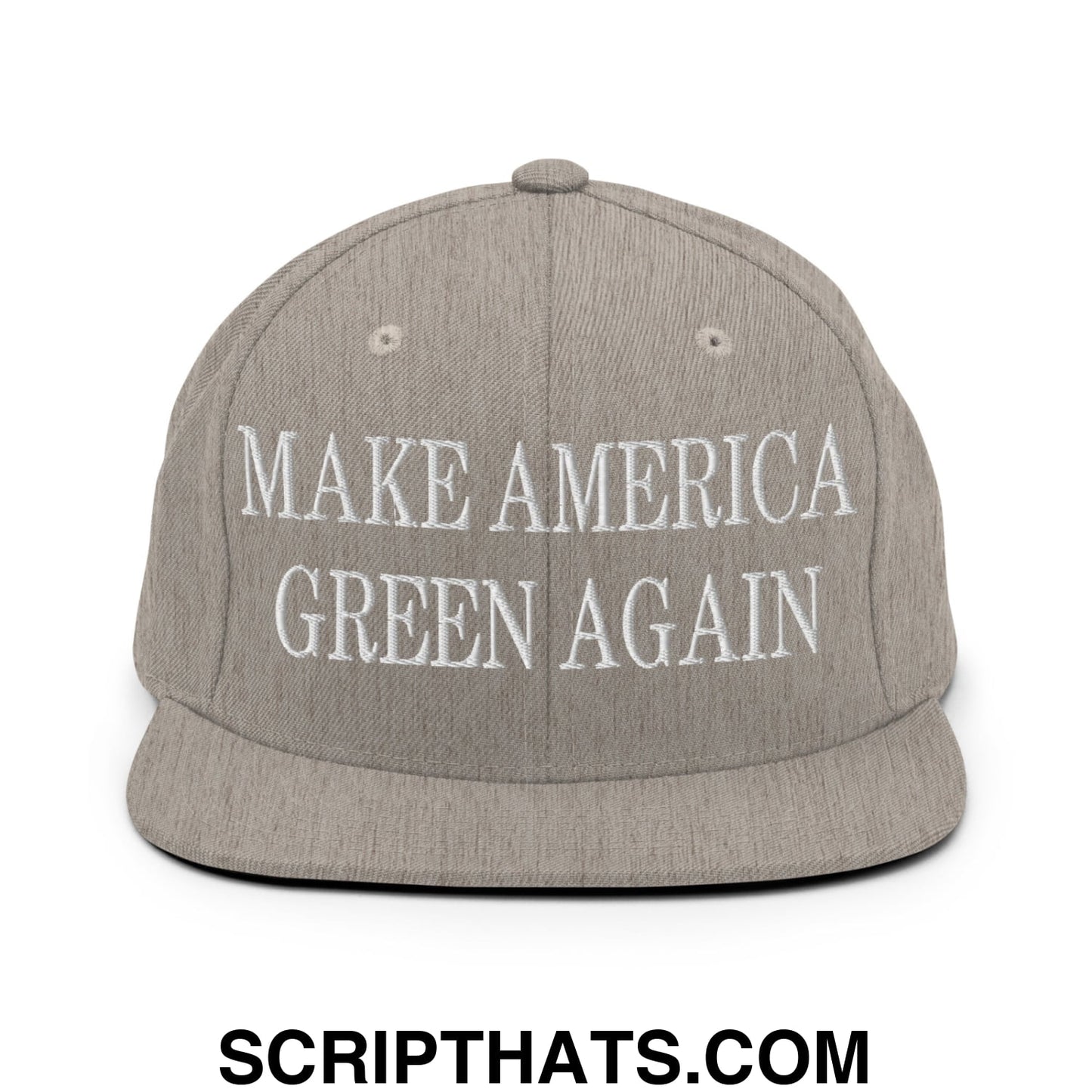 Gray snapback hat with white embroidered make america green again text and flat bill brim design