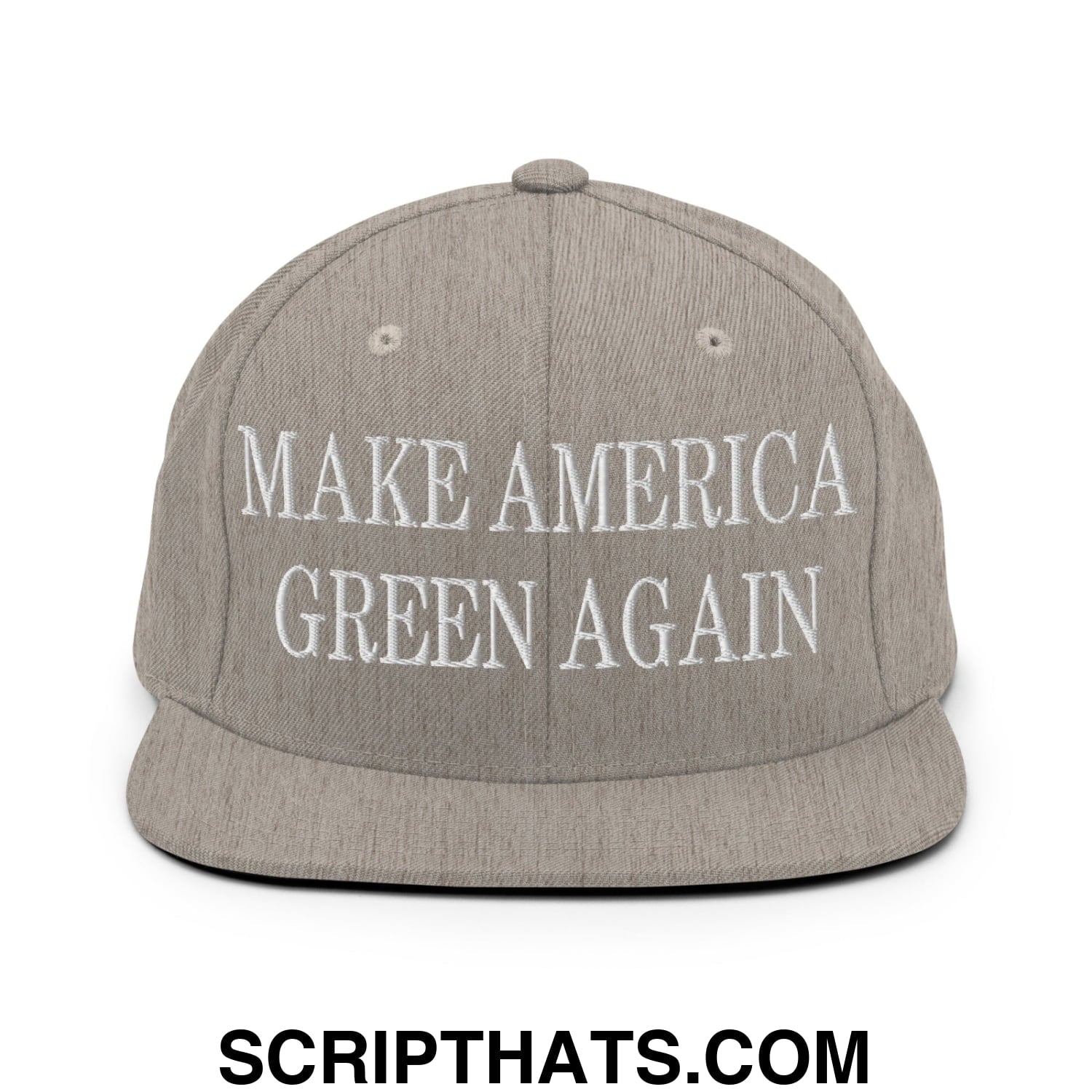 Gray snapback hat with white embroidered make america green again text and flat bill brim design