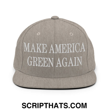 Gray snapback hat with white embroidered make america green again text and flat bill brim design