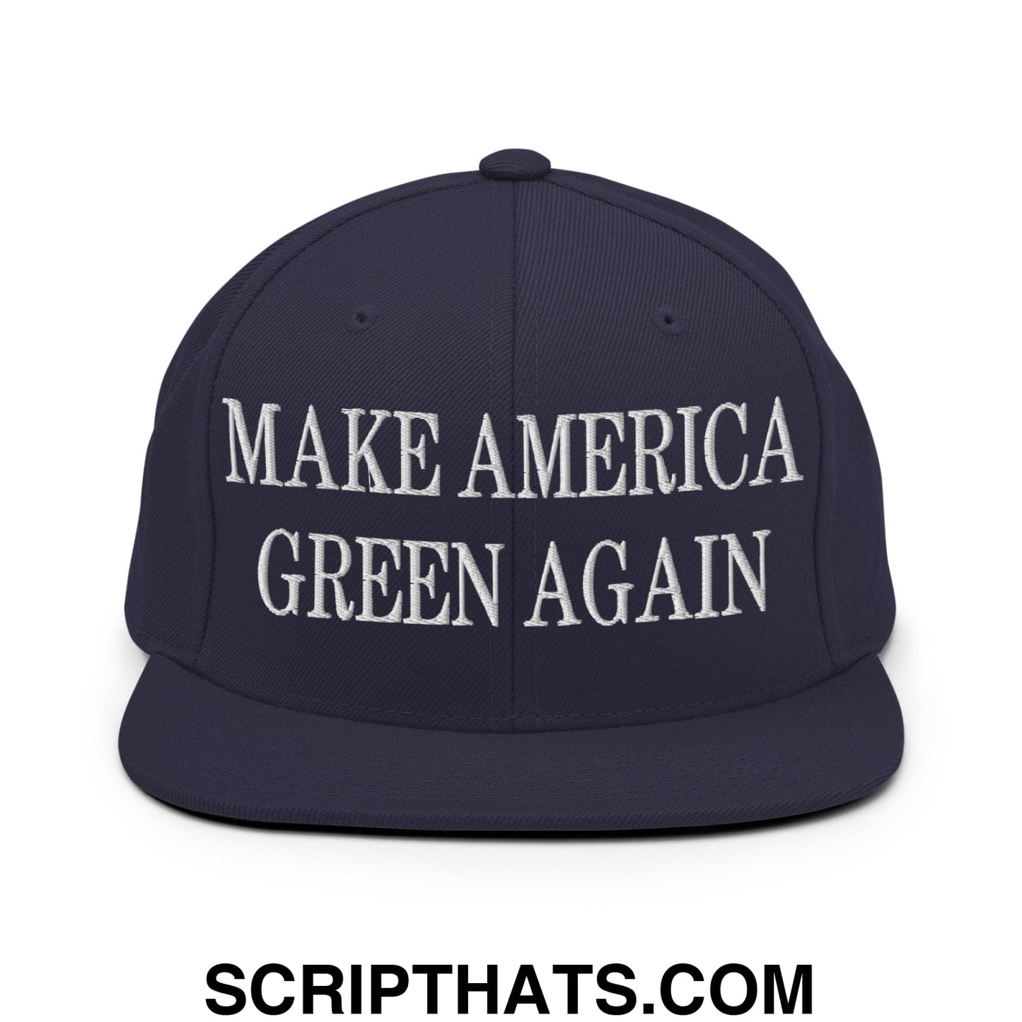 Navy blue snapback hat with white embroidered make america green again text and flat bill brim design