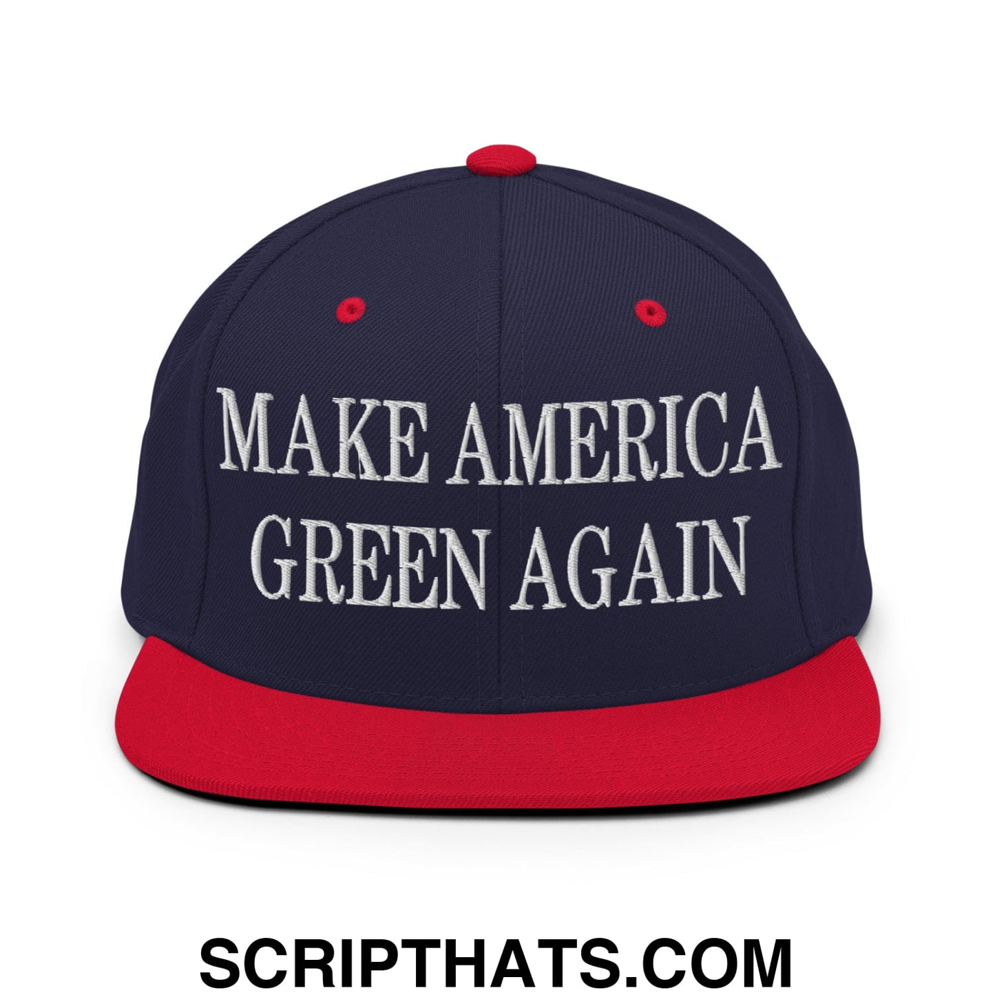 Navy blue and red snapback cap with white embroidered make america green again flat bill brim design