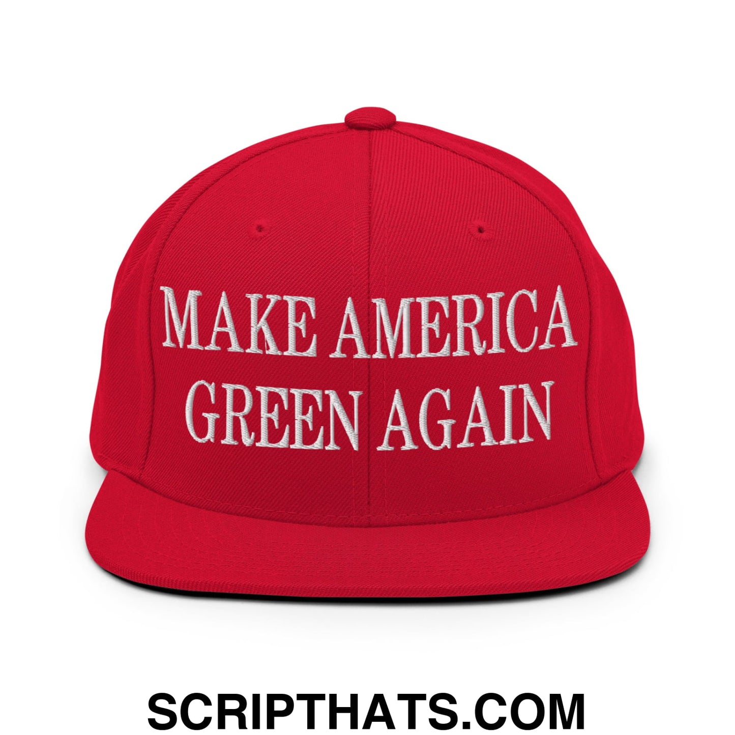 Red snapback cap with white embroidered make america green again text and flat bill brim in sustainable material