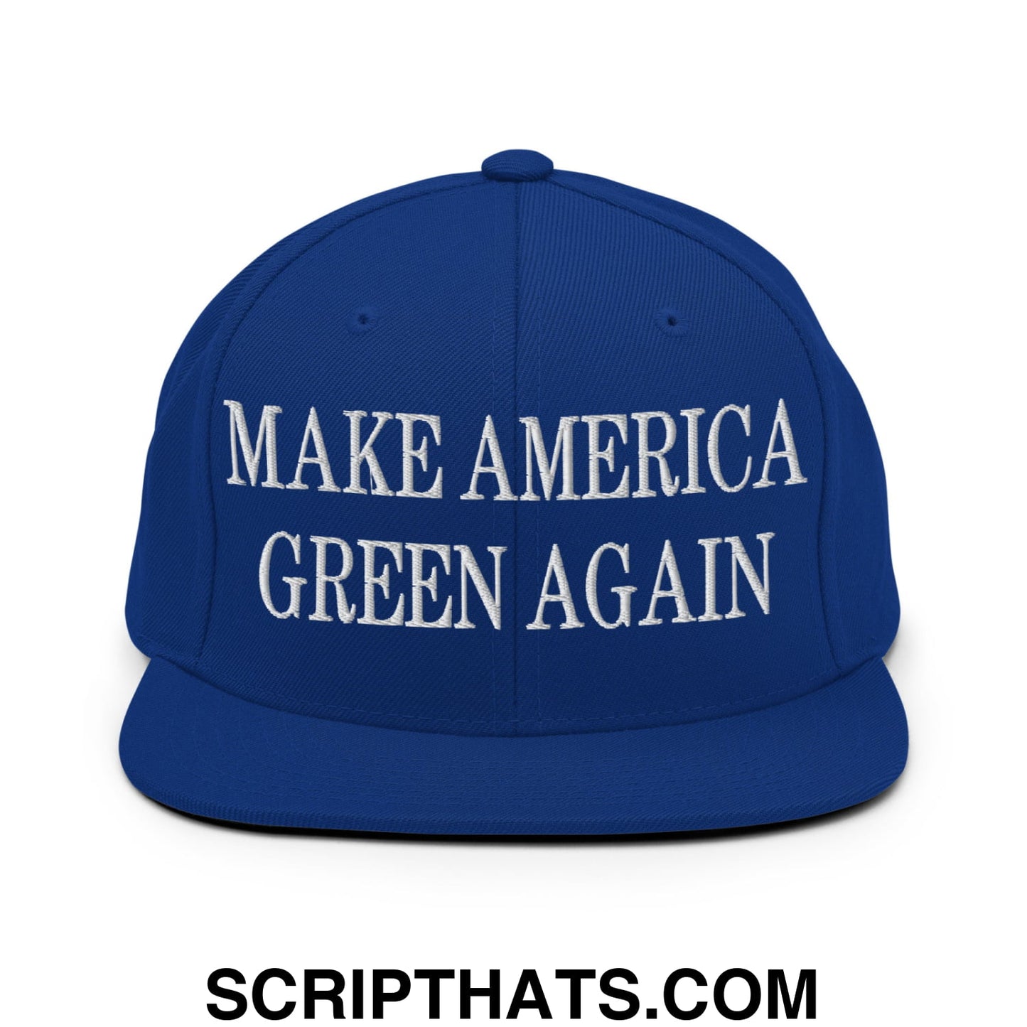 Blue snapback cap with white embroidered make america green again text and flat bill brim design