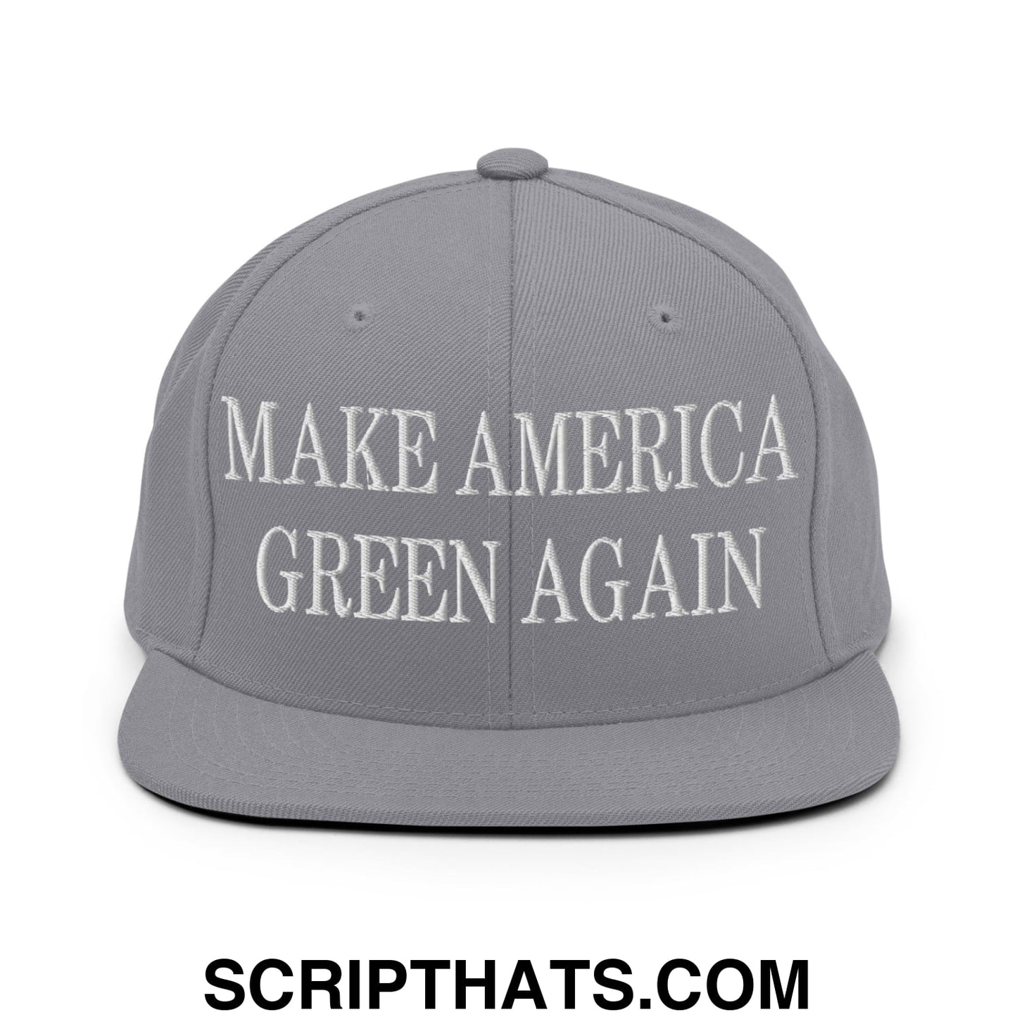 Gray snapback hat with white embroidered make america green again text and flat bill brim for casual wear