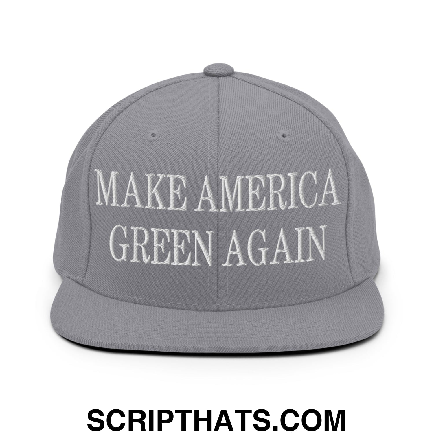 Gray snapback hat with white embroidered make america green again text and flat bill brim for casual wear