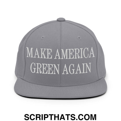 Gray snapback hat with white embroidered make america green again text and flat bill brim for casual wear