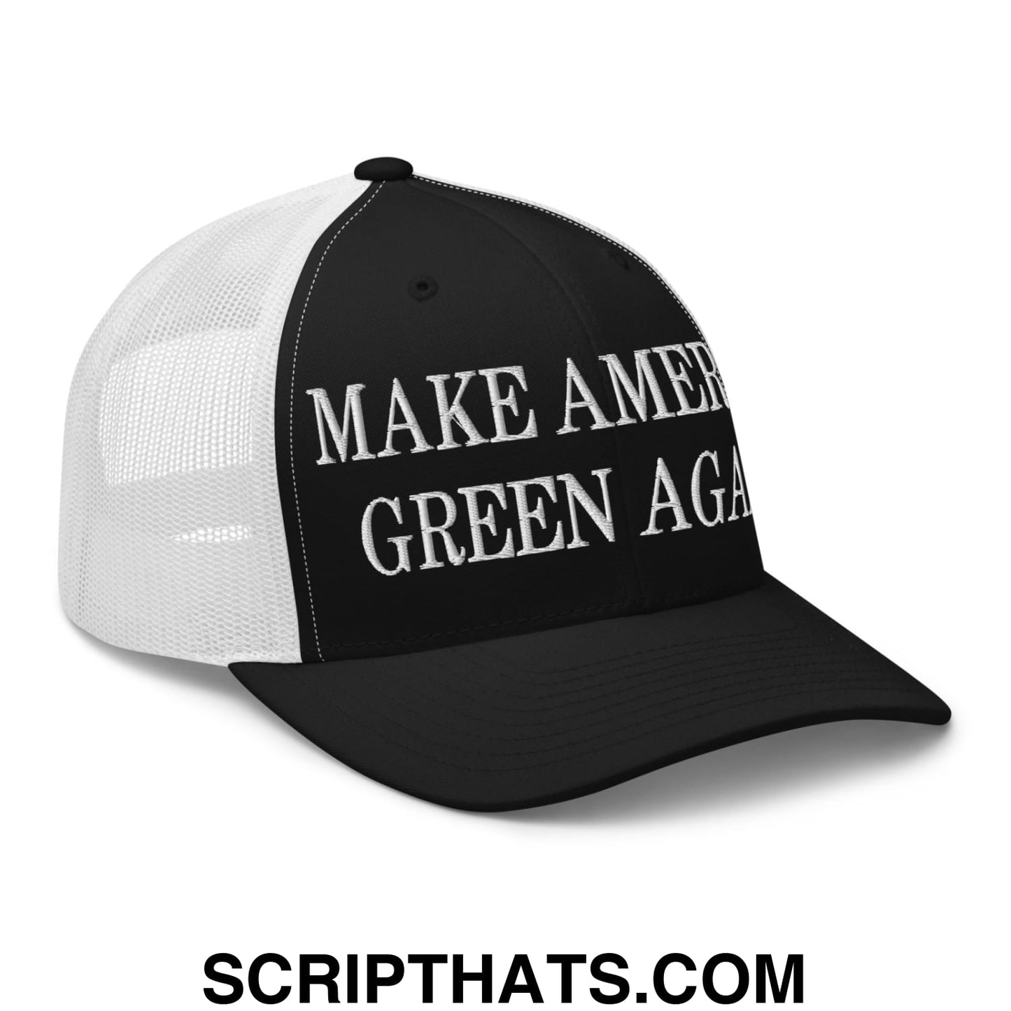Black and white mesh trucker hat with make america green again embroidered in bold raised lettering on the front panel