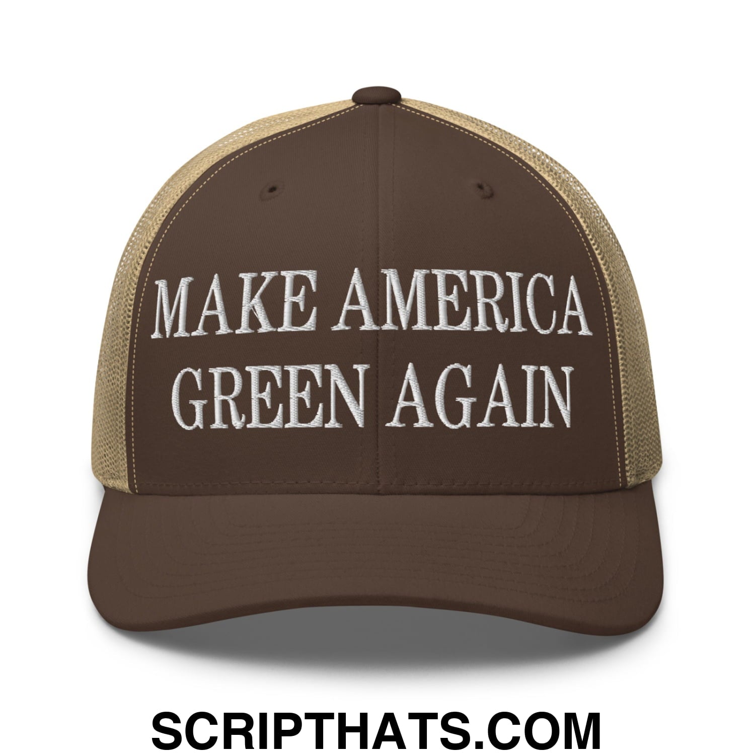Brown and tan mesh trucker hat with white embroidered make America green again text on front panel