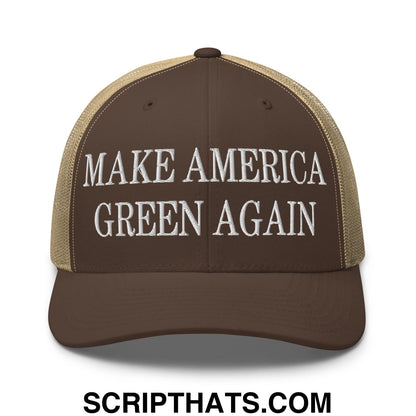 Brown and tan mesh trucker hat with white embroidered make America green again text on front panel