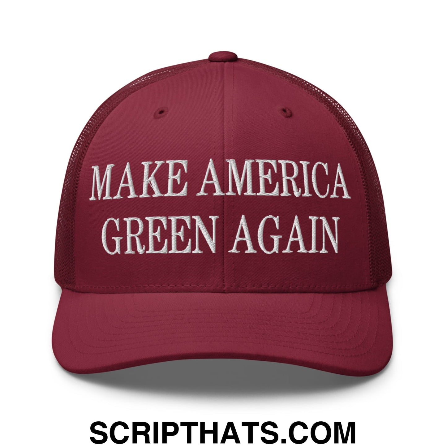 Maroon mesh trucker hat with white embroidered make america green again text for eco-friendly style