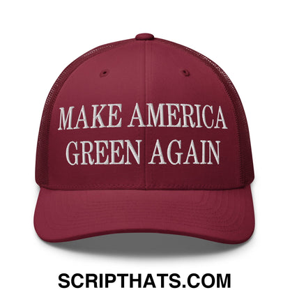 Maroon mesh trucker hat with white embroidered make america green again text for eco-friendly style