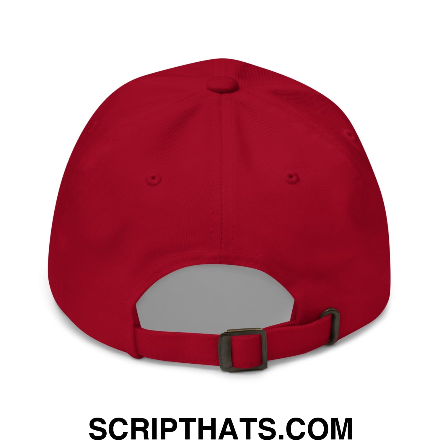 Red make america green again embroidered unstructured dad hat showing black plastic buckle and adjustable strap